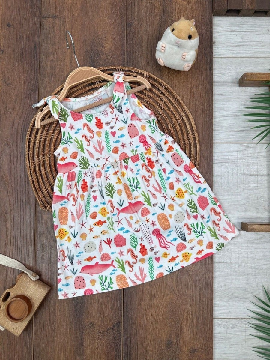 Yazlık Pamuklu Deniz Temalı Kolsuz Kız Çocuk Elbise