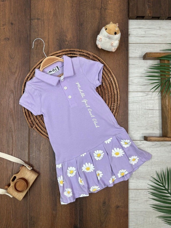 Yazlık Pamuklu Çiçek Desenli Polo Yaka Kız Çocuk Elbise