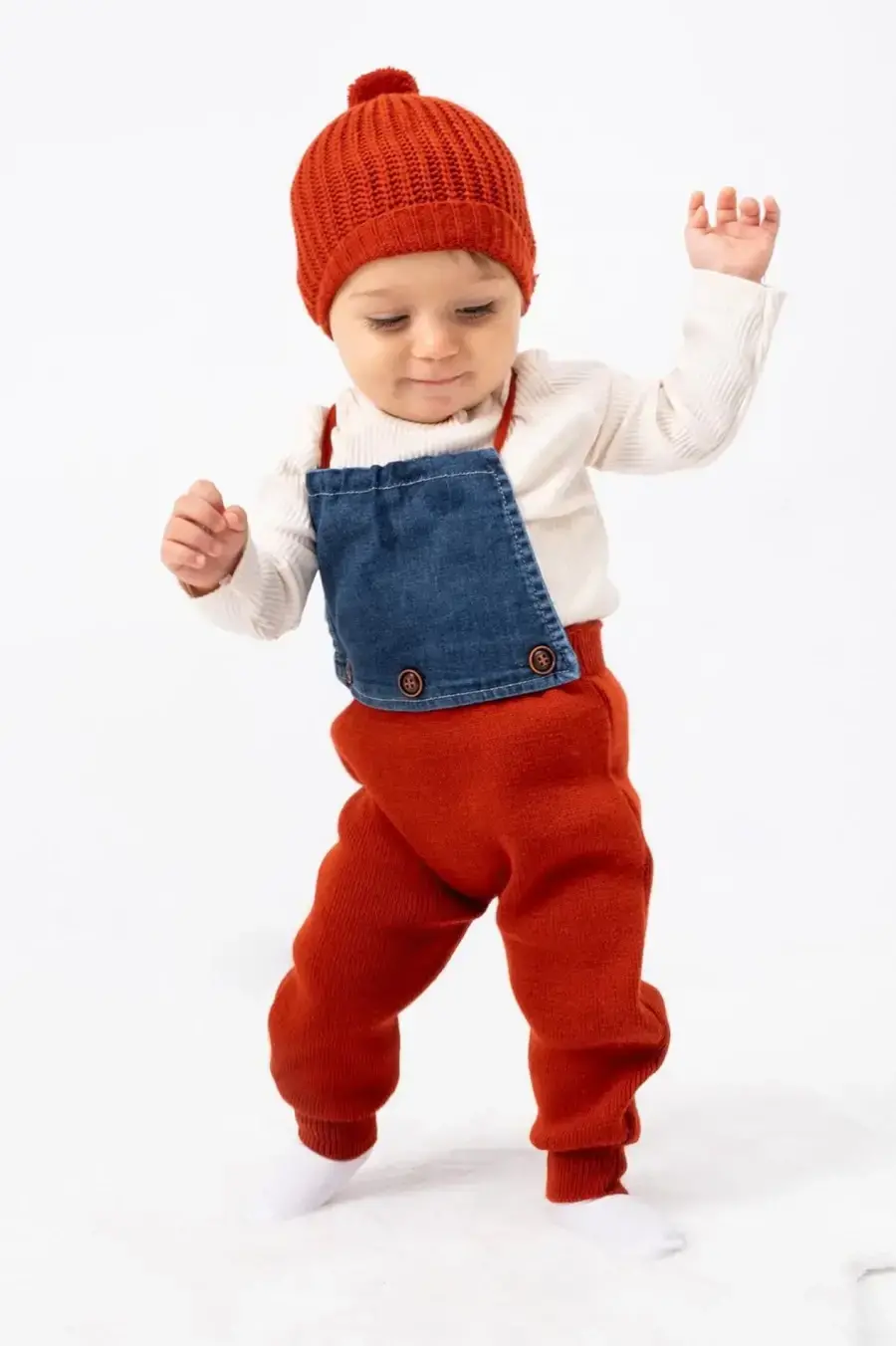 Triko Pantolon ve Bere Kaşkorse Badili Kot Detaylı Salopet 3lü Kız Bebek Takım