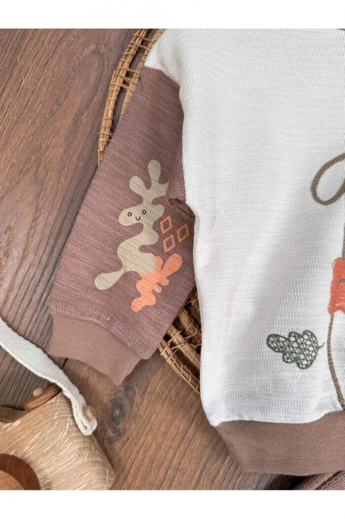 Pamuklu Organik Ayıcık Detaylı Kapüşonlu Erkek Çocuk 2li Takım