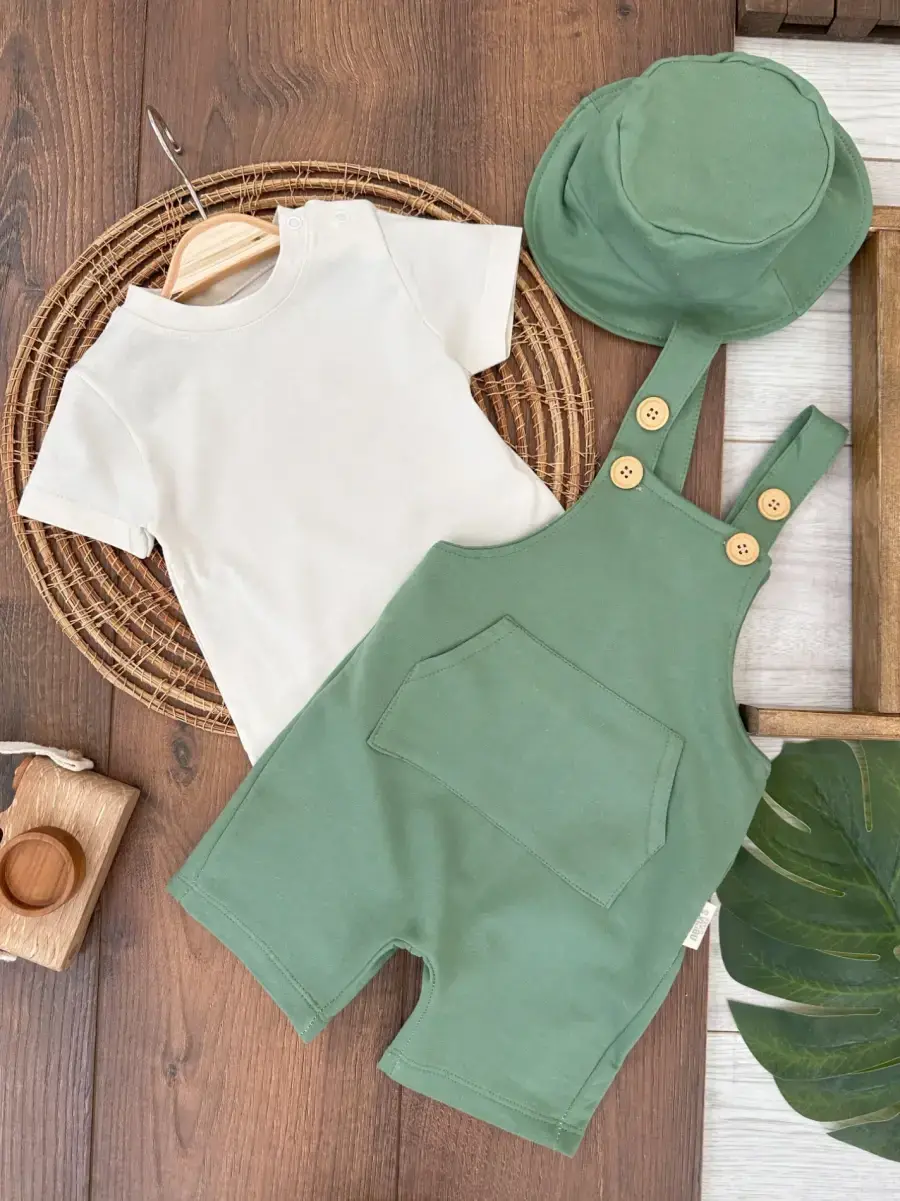 Yüksek Kalite Düğmeli Şapkalı Cep Detaylı 3lü Erkek Bebek  Salopet Takım