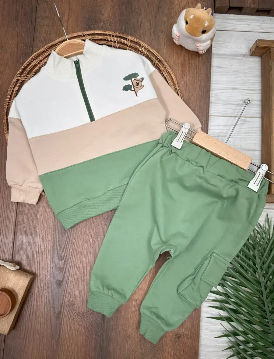 Yüksek Kalite Pamuk Fermuarlı Animal Detaylı Cepli 2li Erkek Bebek Takım