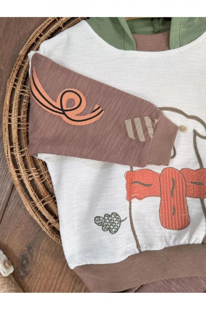 Pamuklu Organik Ayıcık Detaylı Kapüşonlu Erkek Çocuk 2li Takım