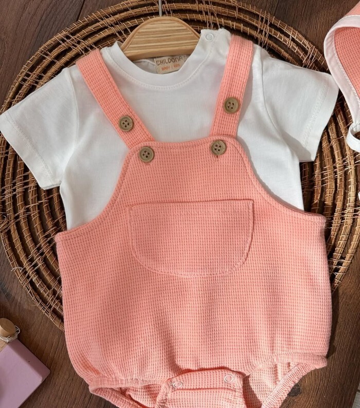 Çıçıtlı Zıbın ve Body Şapkalı Pamuklu Cepli 3lü Günlük Kız Çocuk Salopet Tulum - Görsel 4