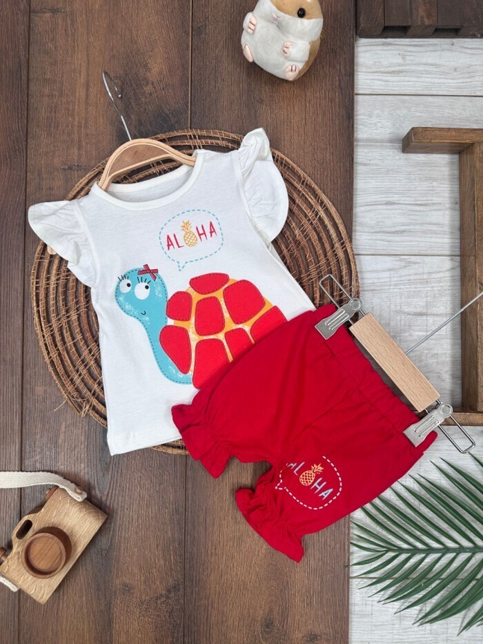 Yazlık Pamuklu Kaplumbağa Desenli Kız Bebek 2li Takım