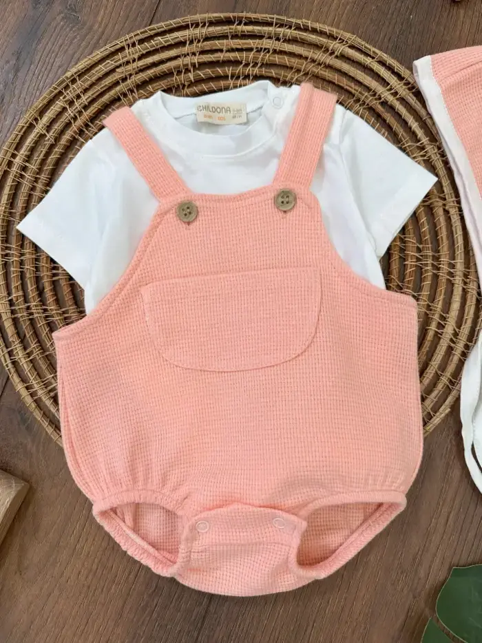 Çıçıtlı Zıbın ve Body Şapkalı Pamuklu Cepli 3lü Günlük Kız Çocuk Salopet Tulum - Görsel 3
