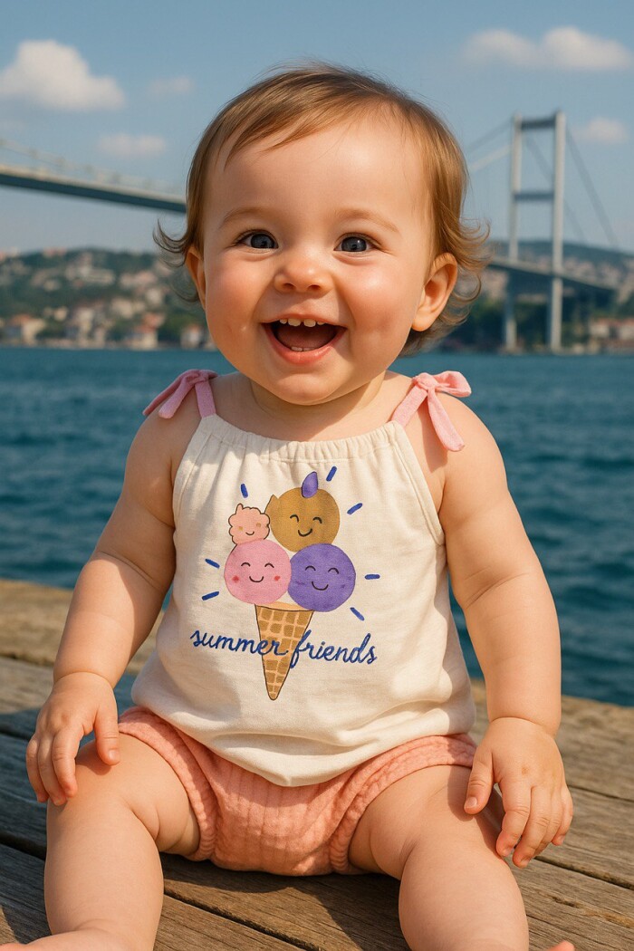 Yazlık İp Askılı Pamuklu Dondurma Detaylı 2li Kız Bebek Takım