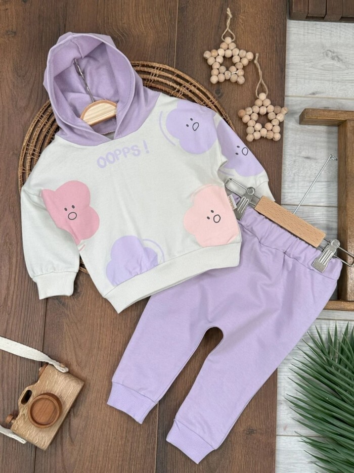 Pamuklu Bulut Desenli Kapüşonlu 2li Kız Bebek Takım