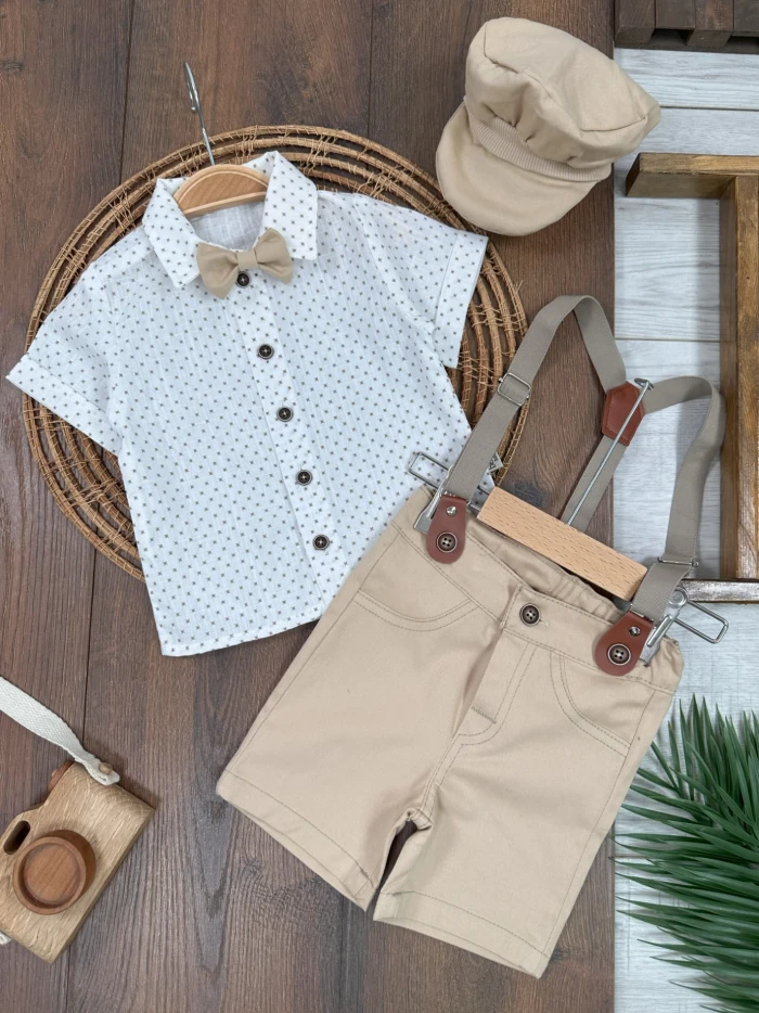 Pamuklu Kaliteli Puantiyeli Kısa Kollu Gömlek Papyon Detaylı 3lu Erkek Bebek Takım