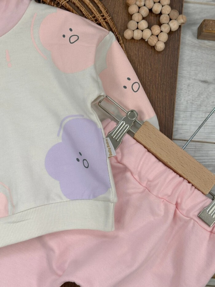 Pamuklu Bulut Desenli Kapüşonlu 2li Kız Bebek Takım