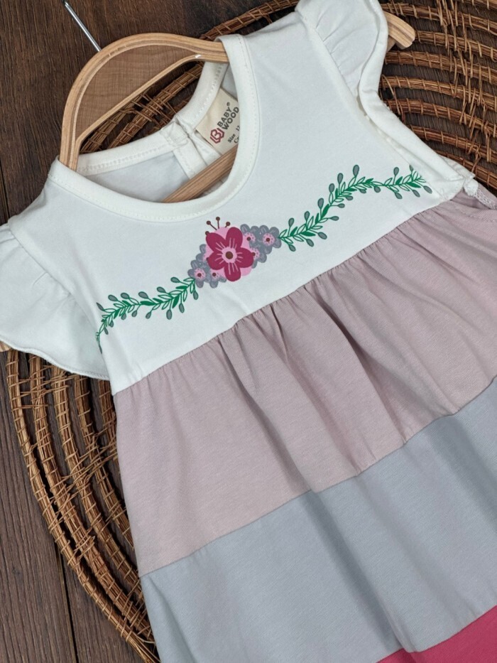 Çiçek Nakış Detaylı Askılı Külotlu 2li Kız Bebek Elbise