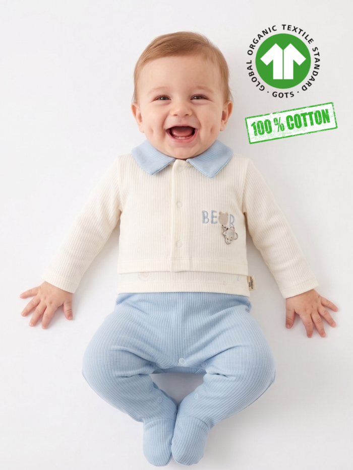 Pamuklu  Ayıcık Detaylı Çıtçıtlı Bebe Yaka Erkek Bebek Tulum
