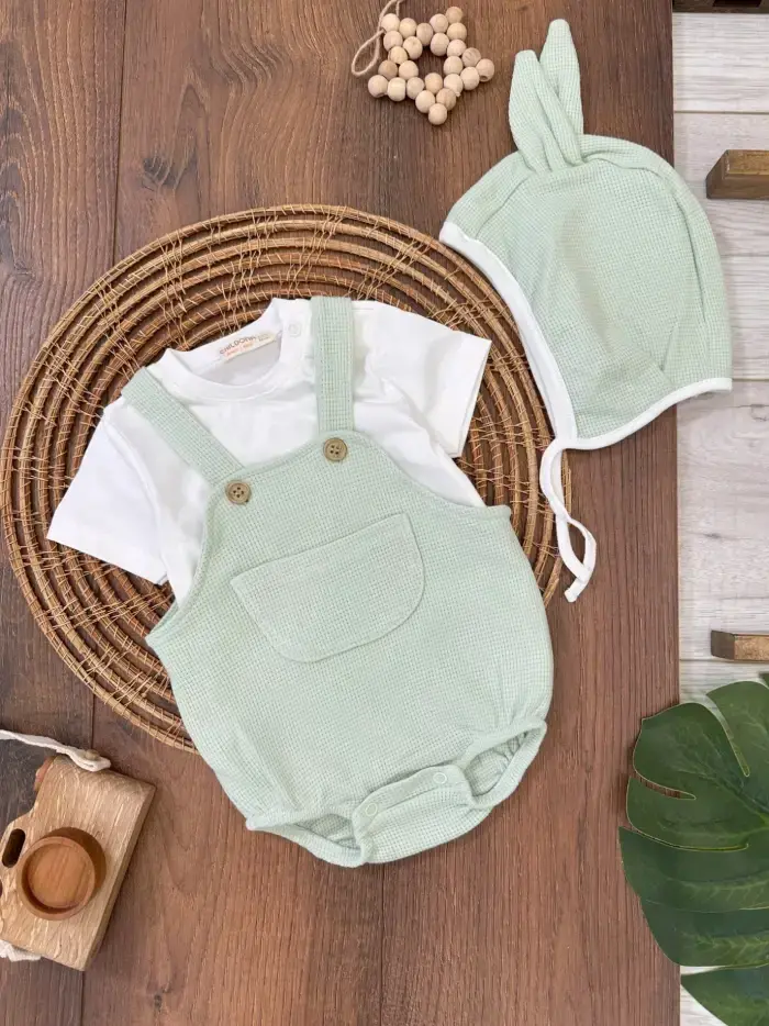 Çıçıtlı Zıbın ve Body Şapkalı Pamuklu Cepli 3lü Günlük Kız Çocuk Salopet Tulum