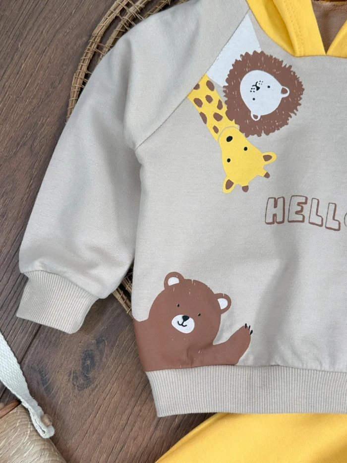 Pamuklu Animal Detalı Kapüşonlu 2li Erkek Bebek Takım - Detay Görseli 4