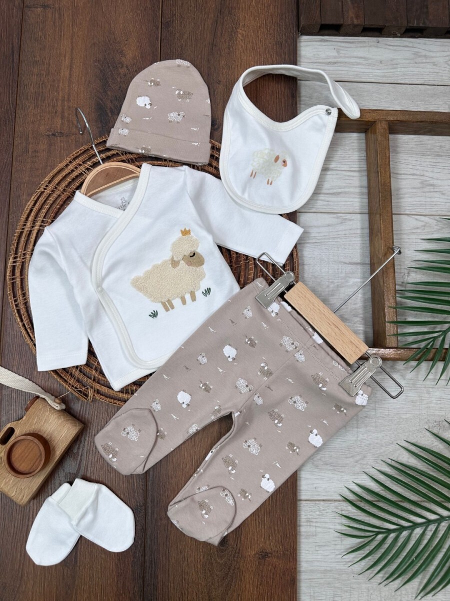 Pamuklu Kuzu Baskılı Uzun Kollu 5li Unisex Bebek Hastane Çıkış Seti