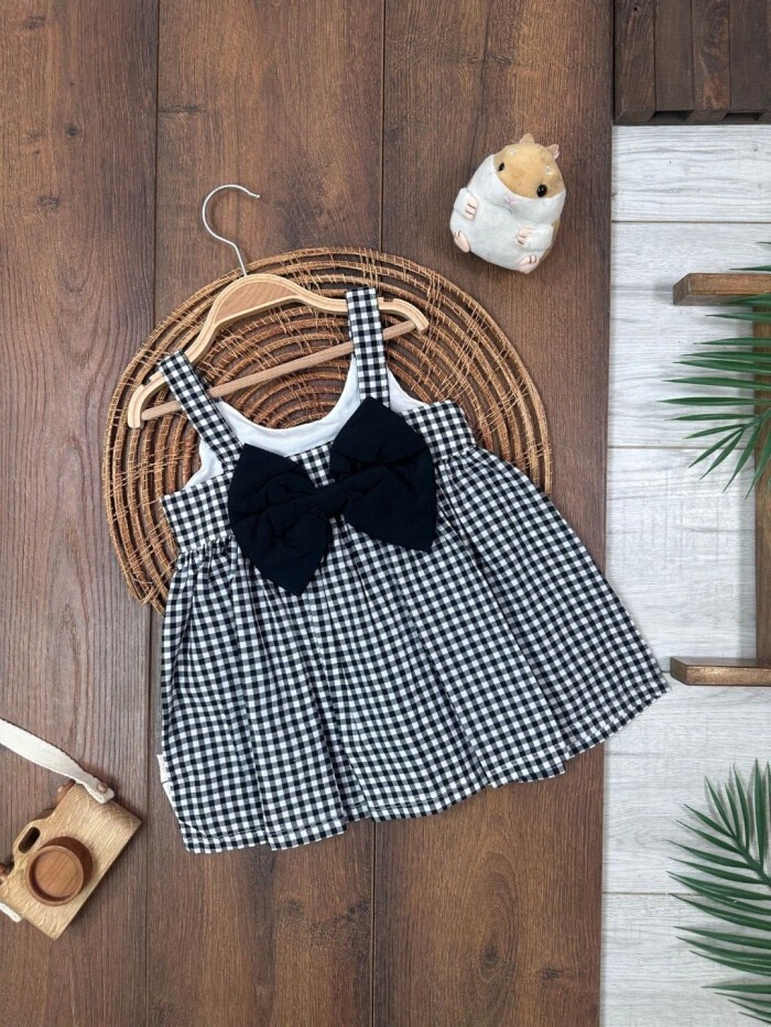 Yazlık Pamuklu Pötikareli Fiyonk Detaylı Kız Çocuk Tekli Elbise