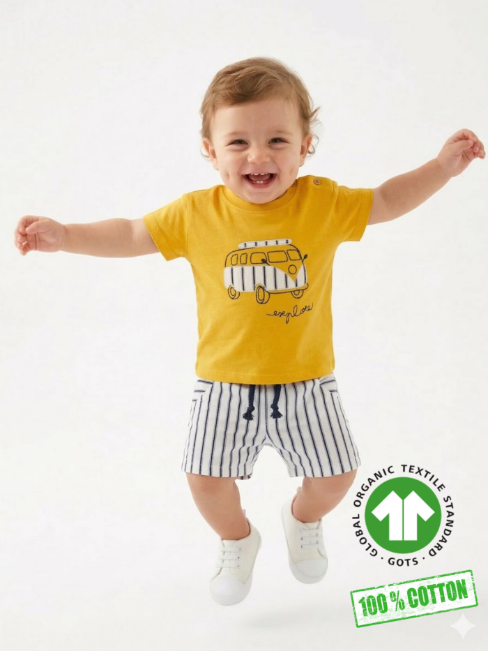 Pamuklu Neşeli Yolculuk Desenli Erkek Bebek 2li Takım Varyantı