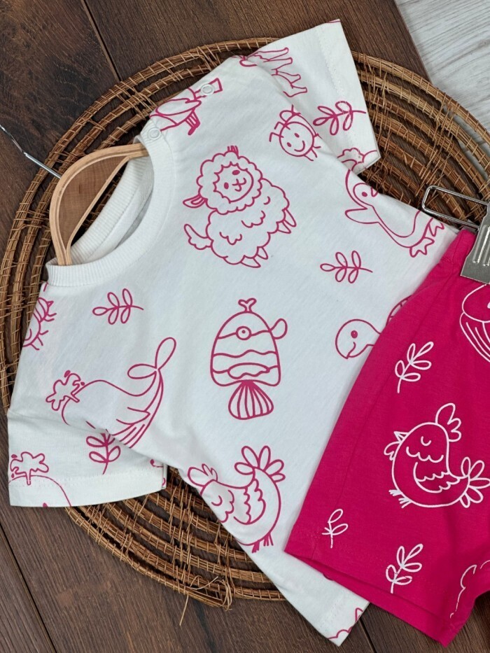 Yazlık Pamuklu Balık Desenli Kısa Kollu Kiz Bebek 2li Takım