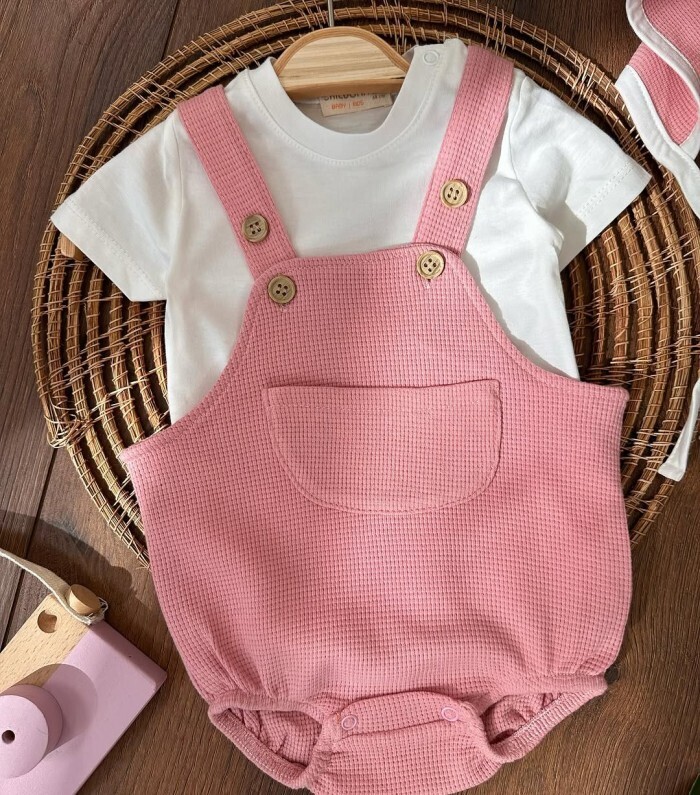 Çıçıtlı Zıbın ve Body Şapkalı Pamuklu Cepli 3lü Günlük Kız Çocuk Salopet Tulum - Görsel 4