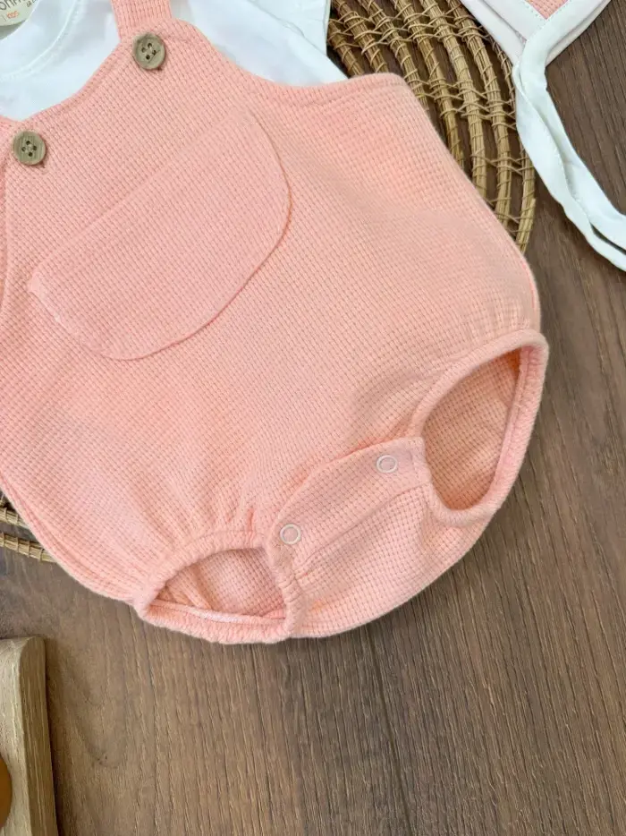 Çıçıtlı Zıbın ve Body Şapkalı Pamuklu Cepli 3lü Günlük Kız Çocuk Salopet Tulum - Görsel 6