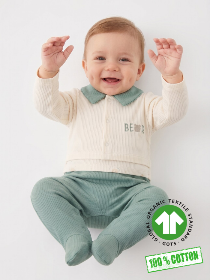 Pamuklu Ayıcık Detaylı Çıtçıtlı Bebe Yaka Erkek Bebek Tulum