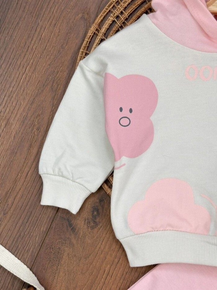 Pamuklu Bulut Desenli Kapüşonlu 2li Kız Bebek Takım