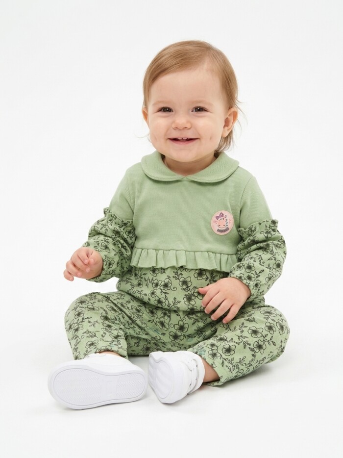 Pamuklu Selanik Çiçek Desenli Uzun Kollu Bebe Yaka Kız Bebek Tulum