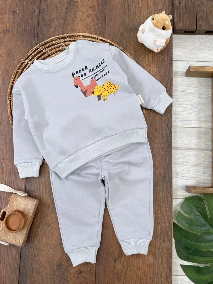 Pamuklu Omuzdan Çıtçıtlı Dinazor Detaylı 2li Erkek Bebek Takım - Detay Görseli 1