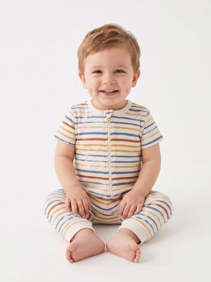 Pamuklu Çizgili Fermuar Detaylı Erkek Bebek Tulum Pijama