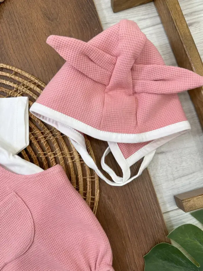 Çıçıtlı Zıbın ve Body Şapkalı Pamuklu Cepli 3lü Günlük Kız Çocuk Salopet Tulum - Görsel 3