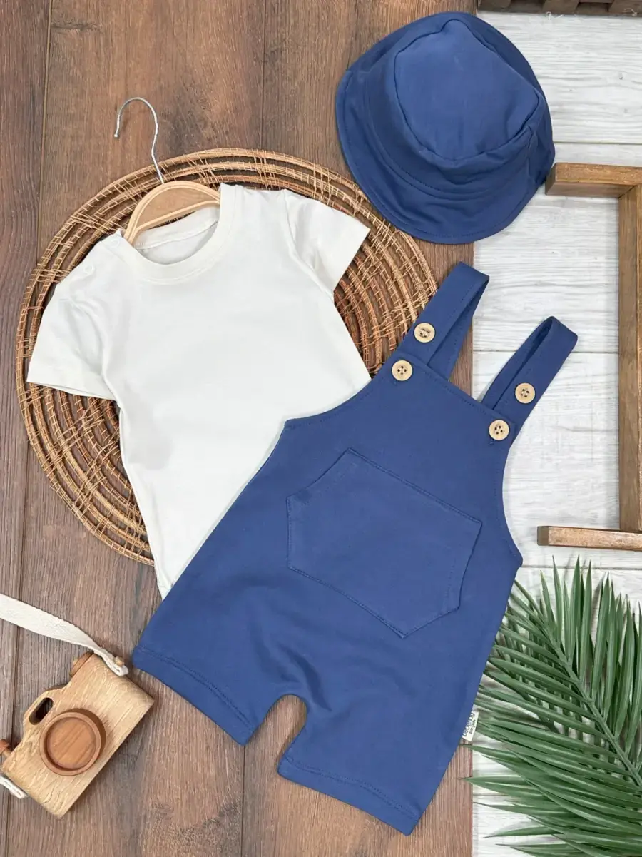 Yüksek Kalite Düğmeli Şapkalı Cep Detaylı 3lü Erkek Bebek  Salopet Takım