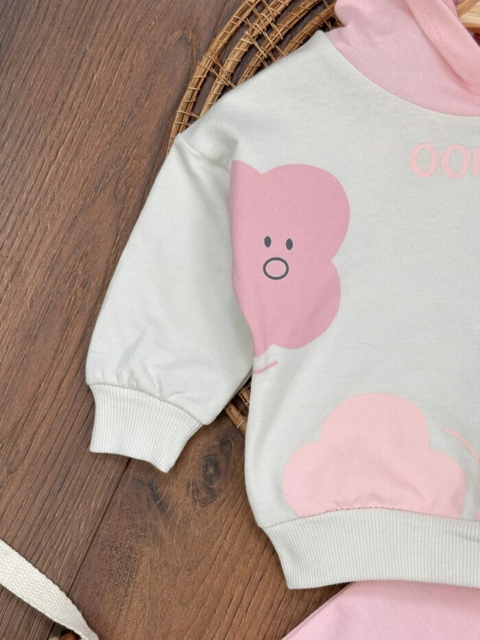Pamuklu Bulut Desenli Kapüşonlu 2li Kız Bebek Takım