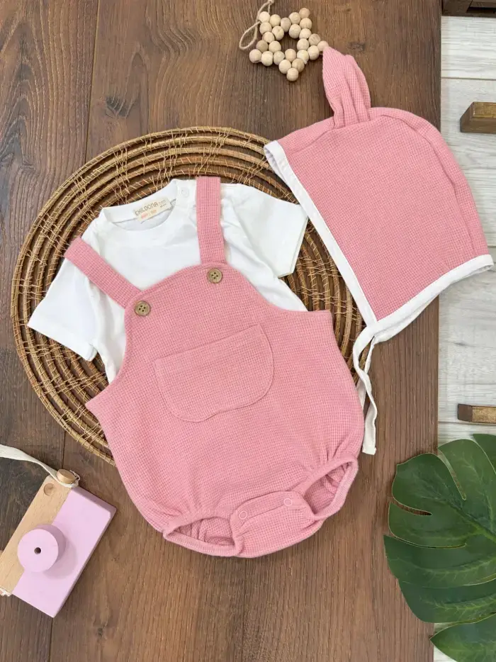 Çıçıtlı Zıbın ve Body Şapkalı Pamuklu Cepli 3lü Günlük Kız Çocuk Salopet Tulum