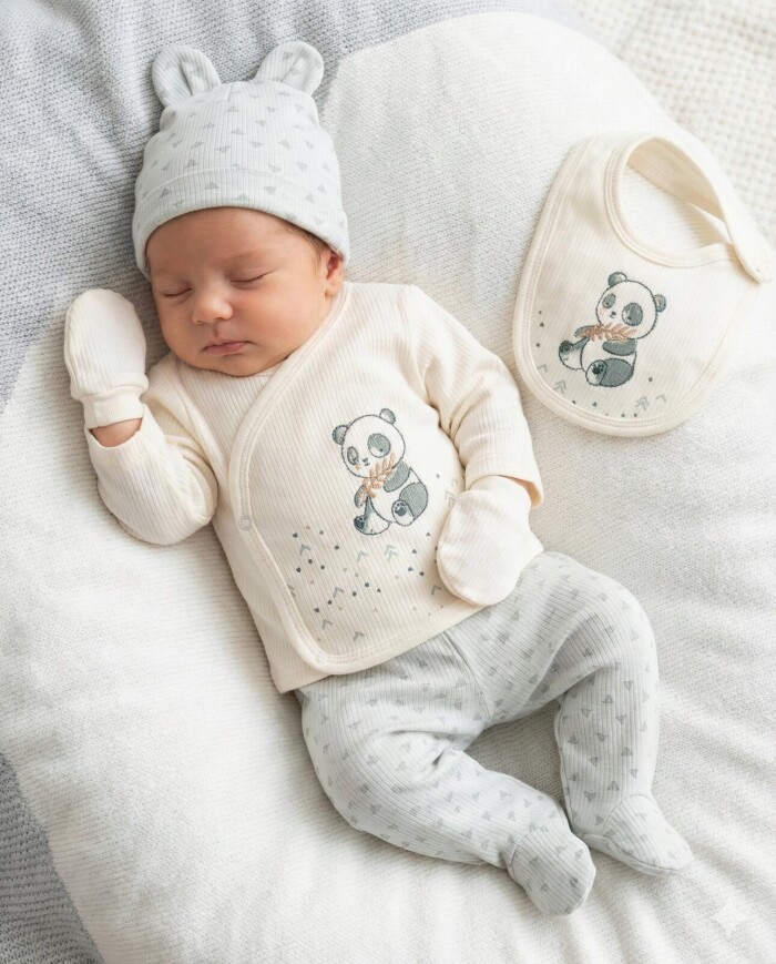 Pamuk Panda Desenli Erkek Bebek 5li Hastane Çıkışı
