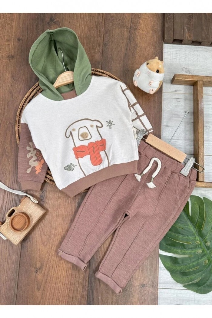 Pamuklu Organik Ayıcık Detaylı Kapüşonlu Erkek Çocuk 2li Takım