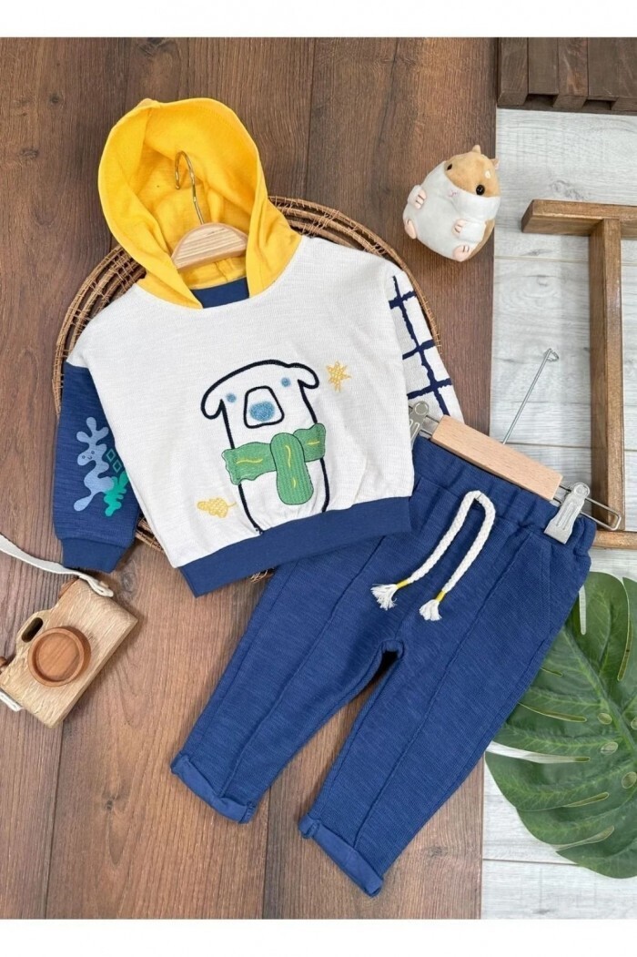 Pamuklu Organik Ayıcık Detaylı Kapüşonlu Erkek Çocuk 2li Takım