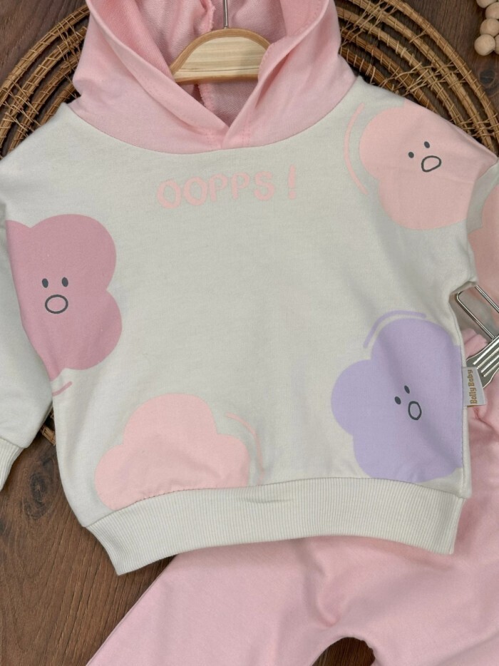 Pamuklu Bulut Desenli Kapüşonlu 2li Kız Bebek Takım