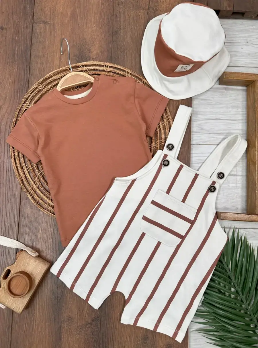 3lü Şapkalı Omuzdan Çıtçıtlı Şeritli Salopet Erkek Bebek Takım