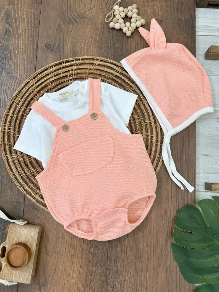 Çıçıtlı Zıbın ve Body Şapkalı Pamuklu Cepli 3lü Günlük Kız Çocuk Salopet Tulum