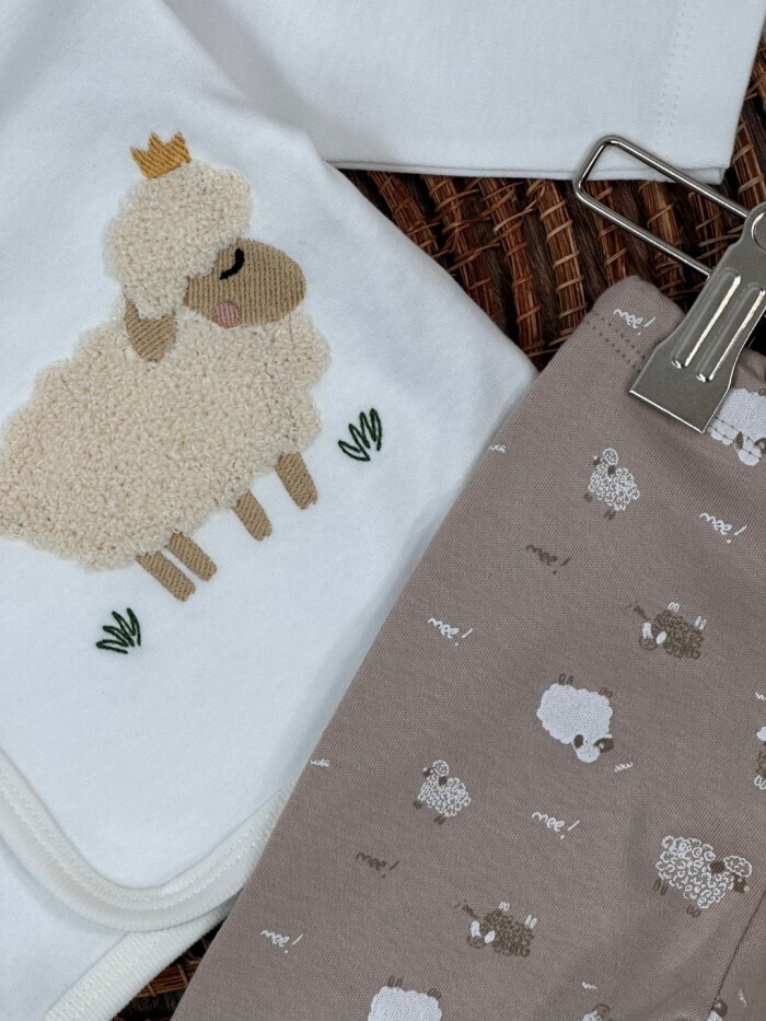 Pamuklu Kuzu Baskılı Uzun Kollu 5li Unisex Bebek Hastane Çıkış Seti - Görsel 2