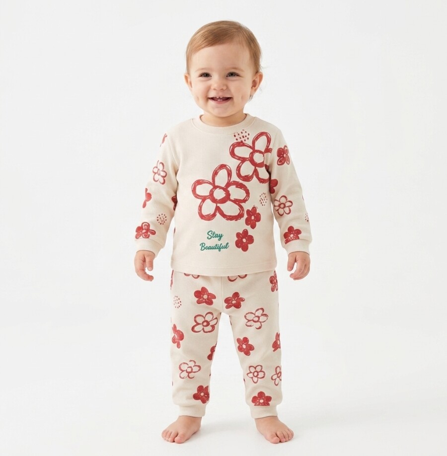 Organik Çiçek Desenli Kız Bebek Pijama 2li Takım - Görsel 4