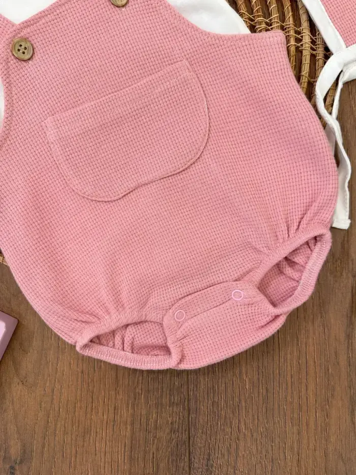 Çıçıtlı Zıbın ve Body Şapkalı Pamuklu Cepli 3lü Günlük Kız Çocuk Salopet Tulum - Görsel 6