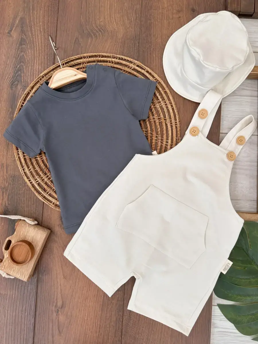 Yüksek Kalite Düğmeli Şapkalı Cep Detaylı 3lü Erkek Bebek  Salopet Takım