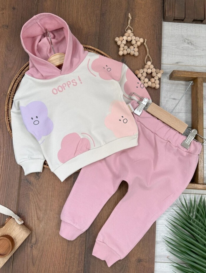 Pamuklu Bulut Desenli Kapüşonlu 2li Kız Bebek Takım
