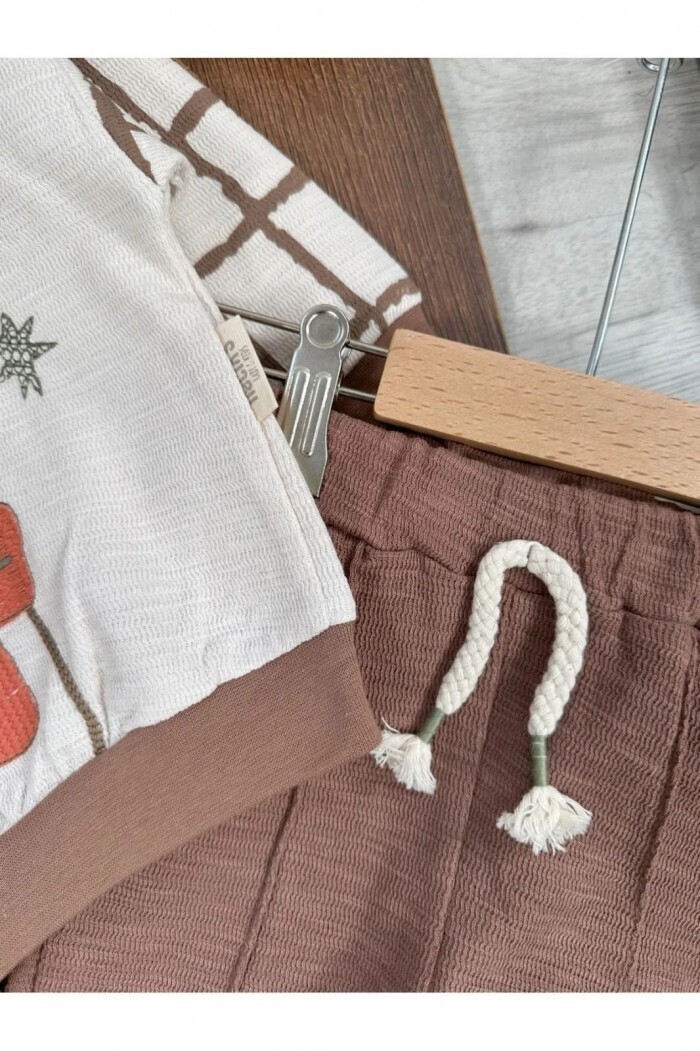 Pamuklu Organik Ayıcık Detaylı Kapüşonlu Erkek Çocuk 2li Takım