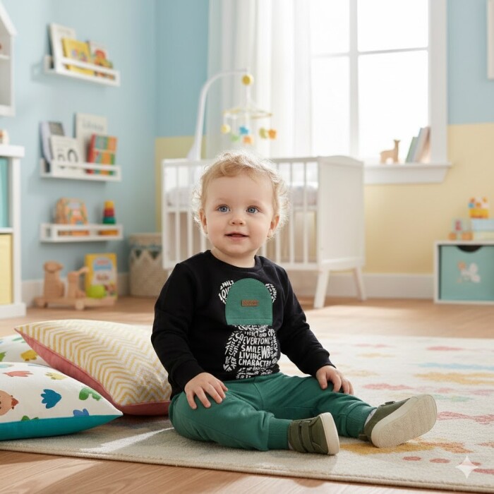 Pamuklu  Ayıcık Detaylı 2li Erkek Bebek Takım