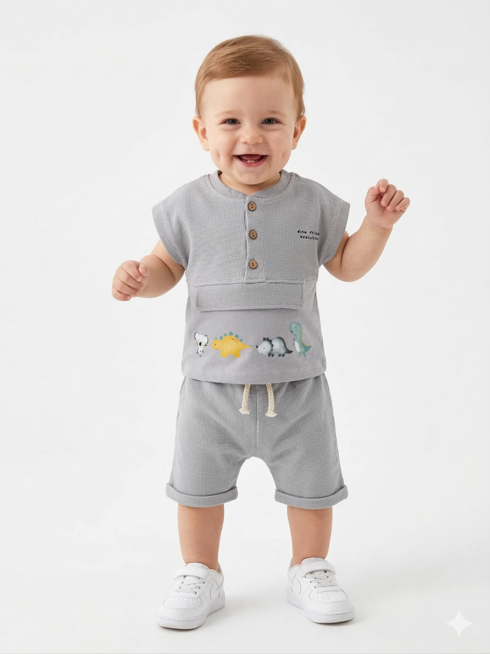 Pamuklu Dinazor Detaylı 2li Erkek Bebek Şortlu  Takım
