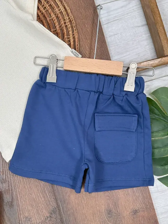 Lacivert Renk Cep Detaylı Şapkalı Bisiklet Yaka 3 lü  Erkek Bebek Takım