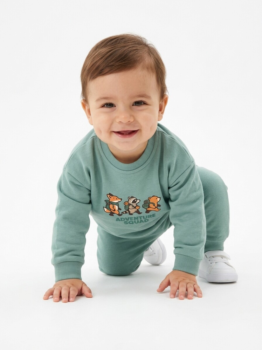 Pamuklu Sırt Figürlü Smile Detaylı Erkek Bebek 2li Takım Varyantı