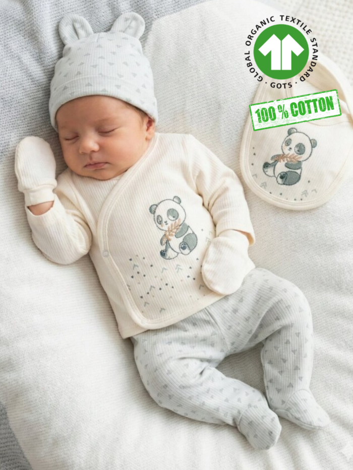 Pamuk Panda Desenli Erkek Bebek 5li Hastane Çıkışı